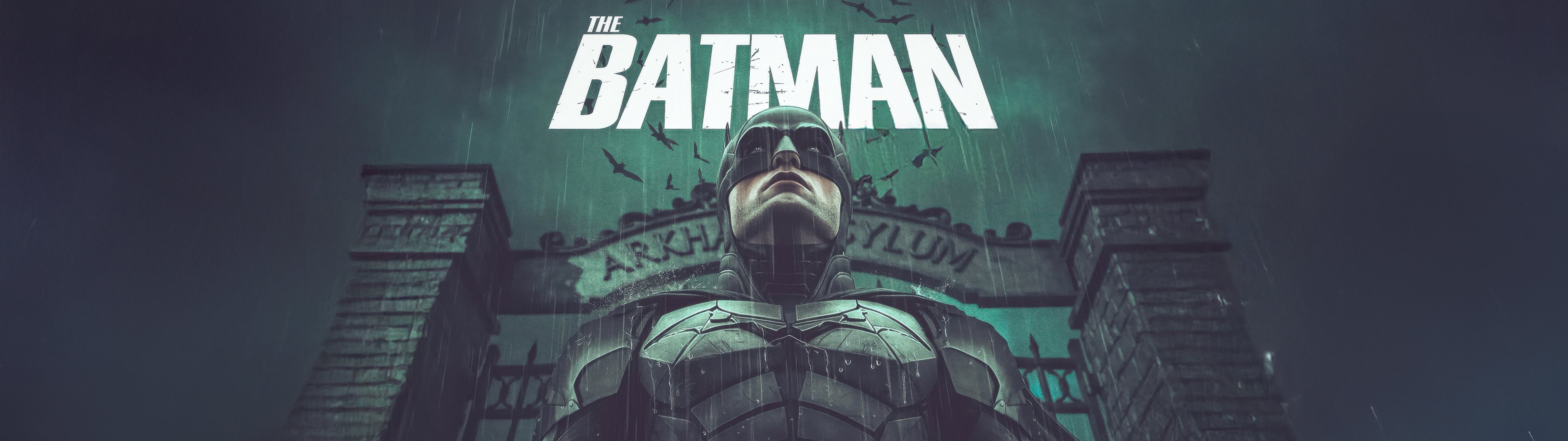 The Batman standing before Arkham Asylum - UltraWide 32:9 wallpapers in 5120x1440 resolution