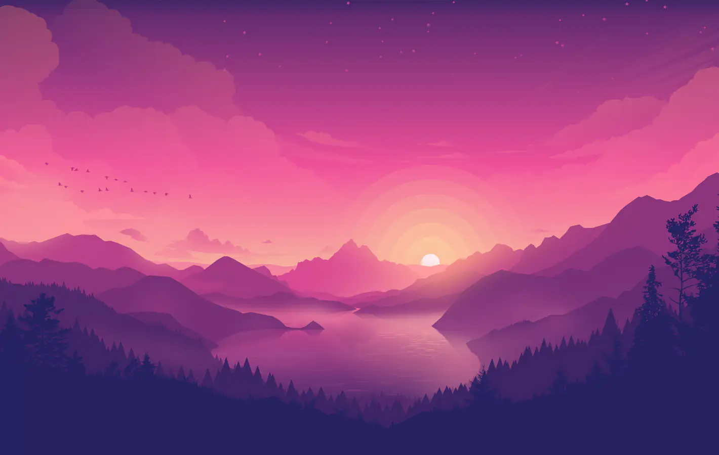 Sunset over mountain lake — desktop and phone wallpaper, free download