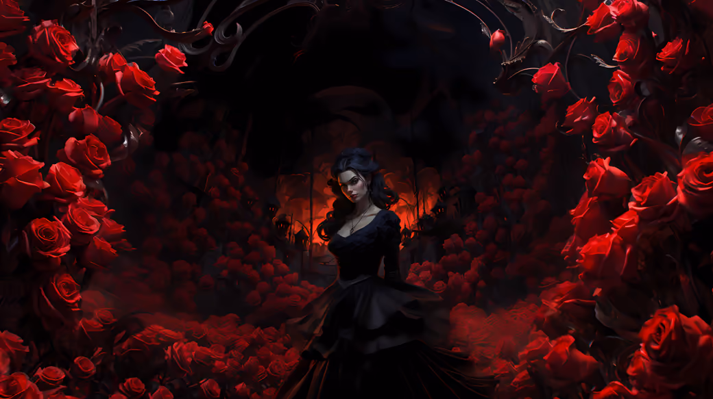 Girl surrounded by red roses — desktop and phone wallpaper, free download