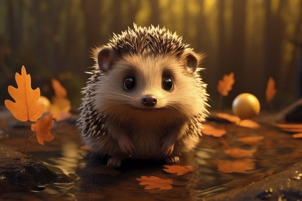 Cute hedgehog in the autumn forest — desktop and phone wallpaper, free download