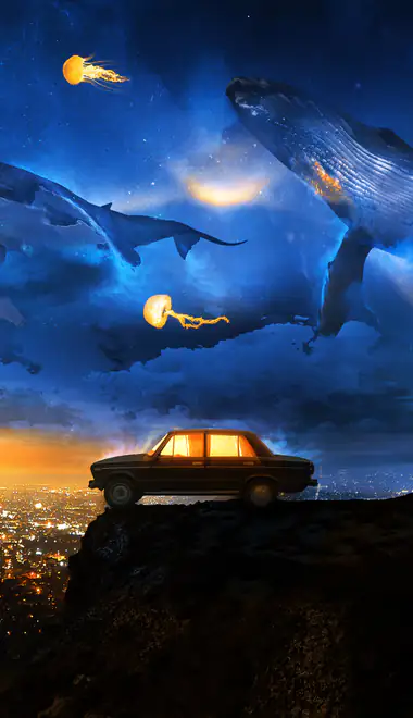 Wallpapers for iPhone 17 Pro/17/16 Pro (1206x2622): whale, surrealism, jellyfish, cliff