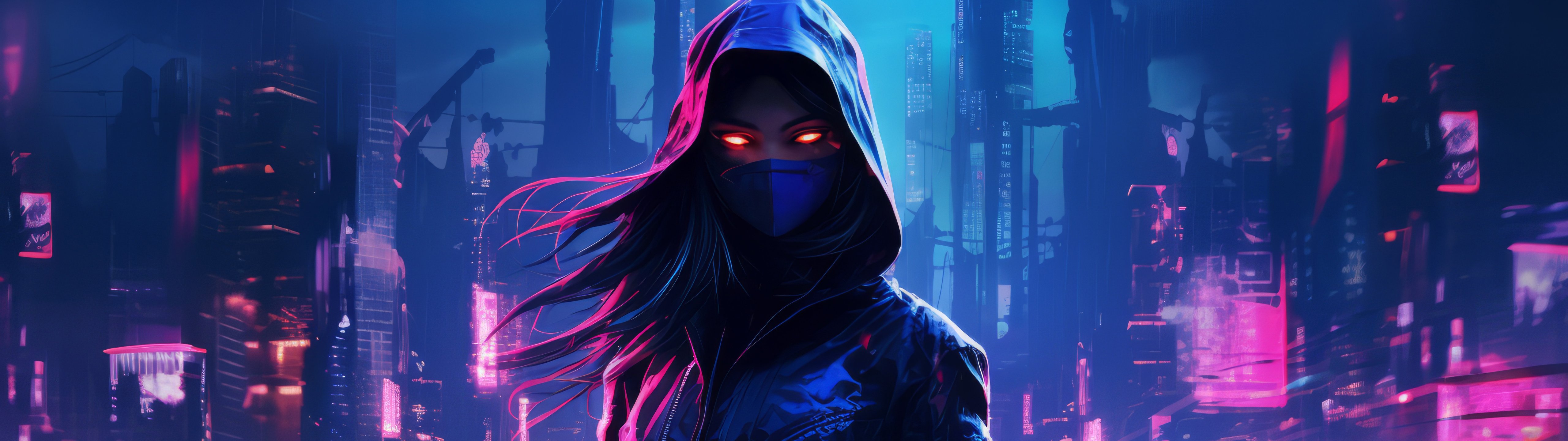 Cyberpunk woman with red eyes wearing a mask - UltraWide 32:9