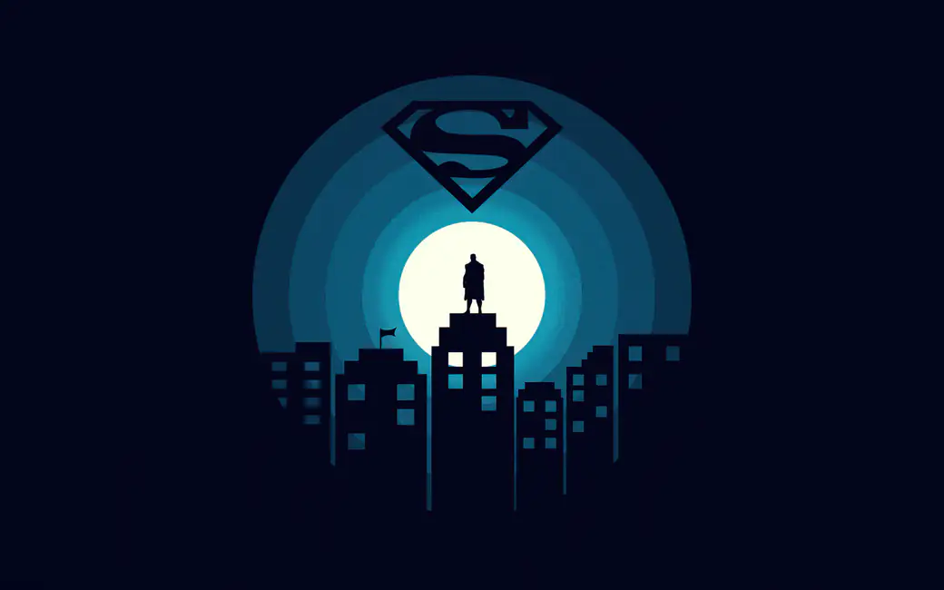 Superman silhouette on city building at night — desktop and phone wallpaper, free download