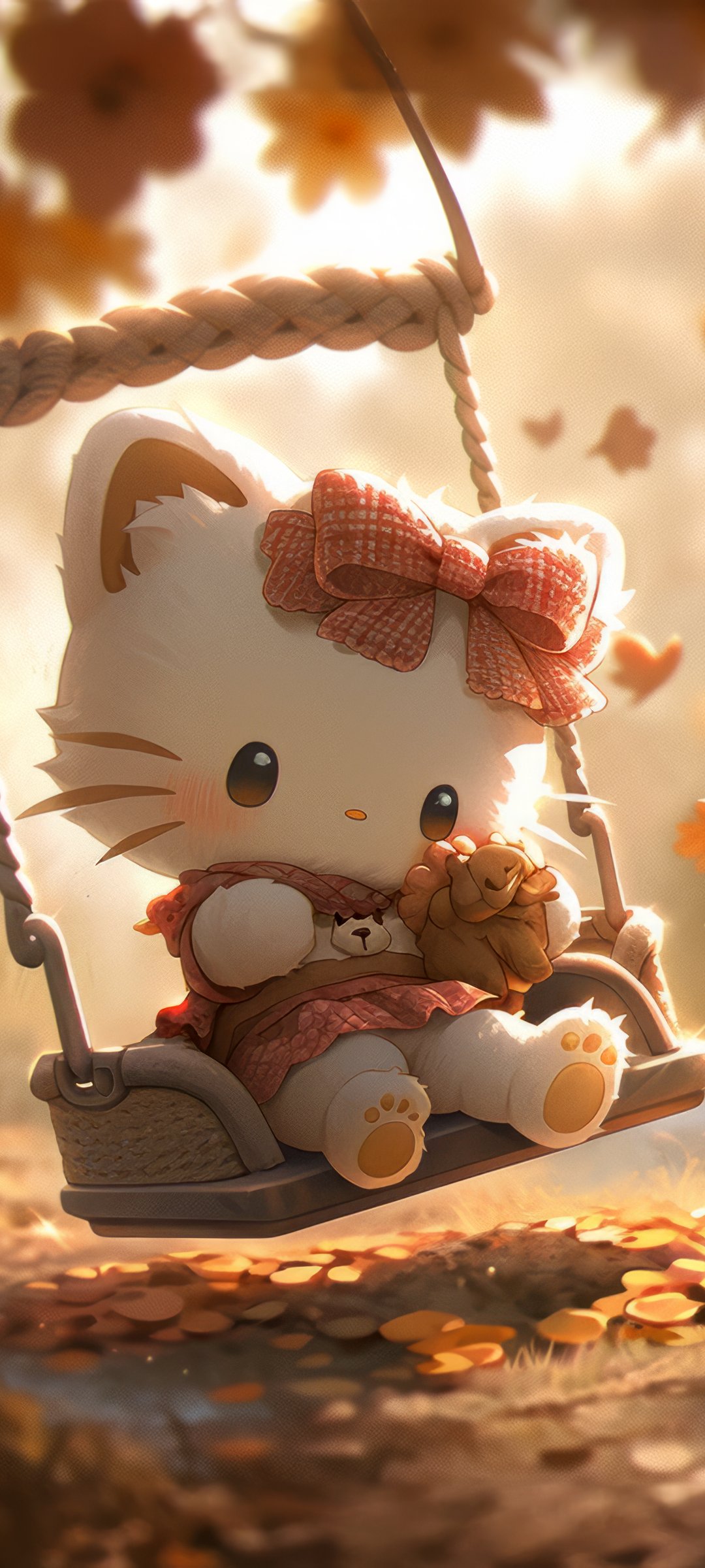 Hello Kitty autumn on a swing - Wallpapers for Samsung Galaxy M55, POCO M4/X4/X5, Xiaomi Redmi 12/13/Note 13/Note 14/Note 14S in 1080x2400 resolution