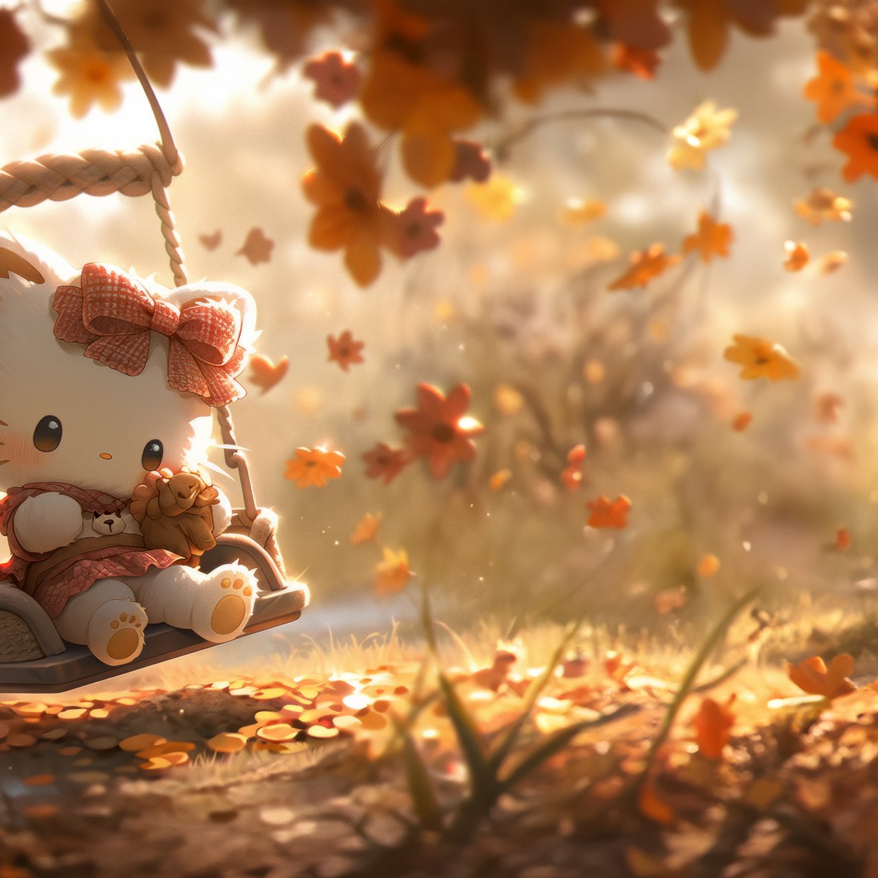 Hello Kitty autumn on a swing - Wallpapers for Lenovo, Huawei in 1280x1280 resolution
