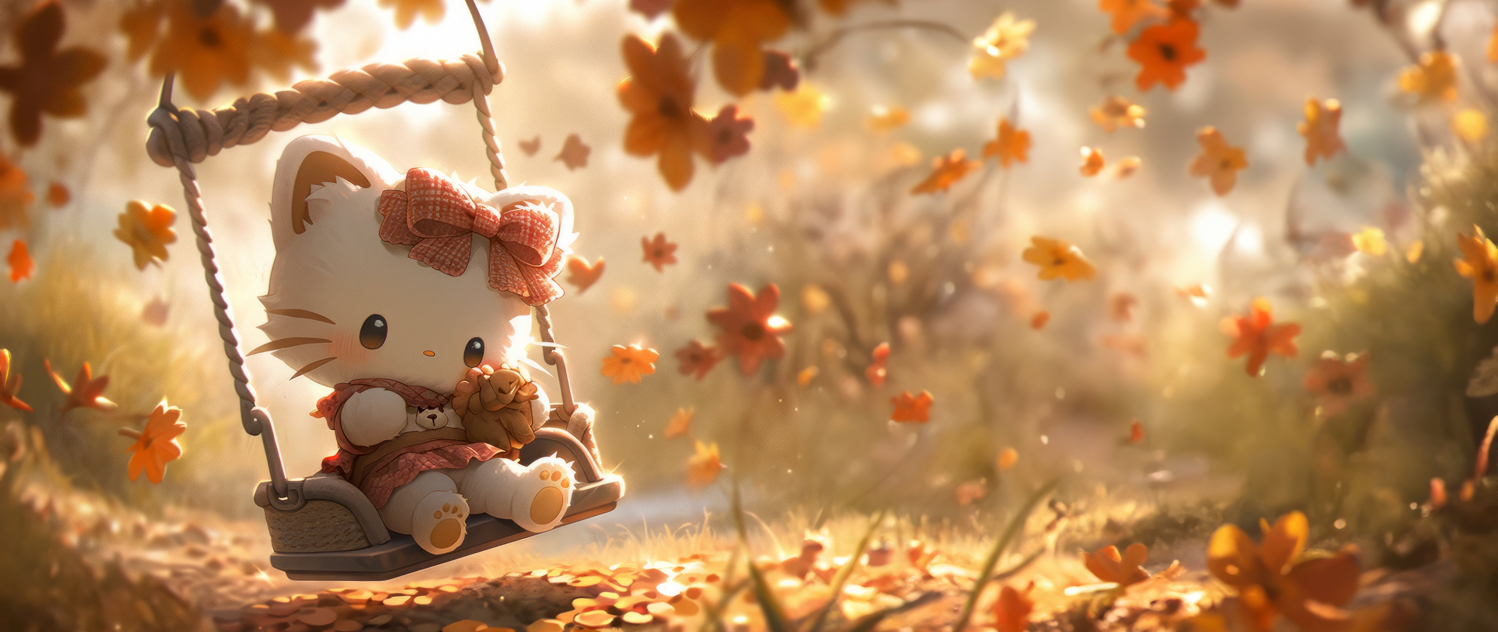Hello Kitty autumn on a swing - 5K2K UltraWide 21:9 wallpapers in 5120x2160 resolution