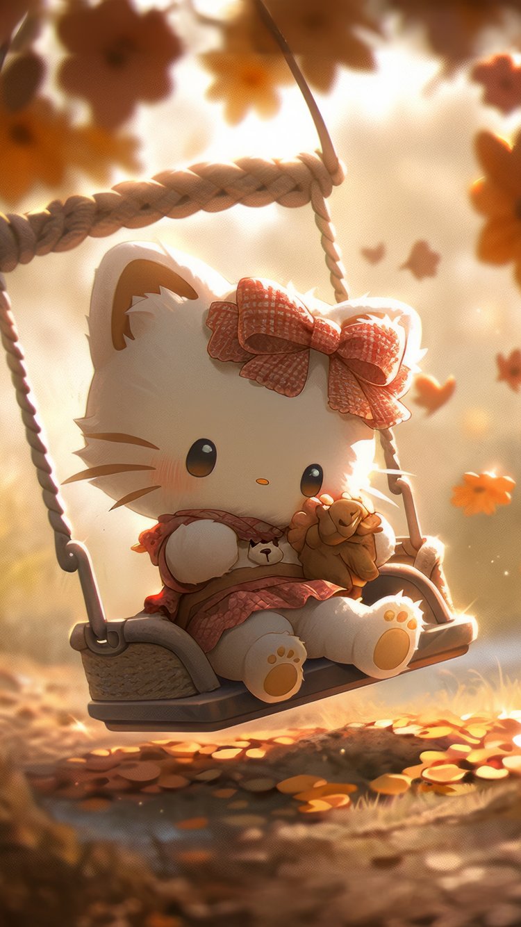 Hello Kitty autumn on a swing - Wallpapers for iPhone 6/6S/7/8/SE2/SE3 in 750x1334 resolution