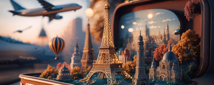 Dual Monitor Wallpapers Airplane (7680x2160): Eiffel Tower, suitcase, architecture, landmark