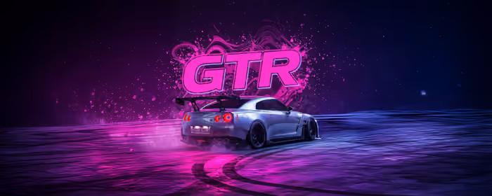 UltraWide 32:9 обои (3840x1080): Nissan GTR, спорткар, дрифт, неон
