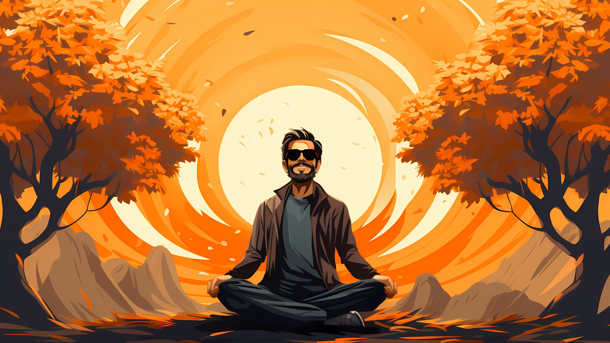 Man meditating in autumn forest - 2K Quad HD wallpapers in 2560x1440 resolution