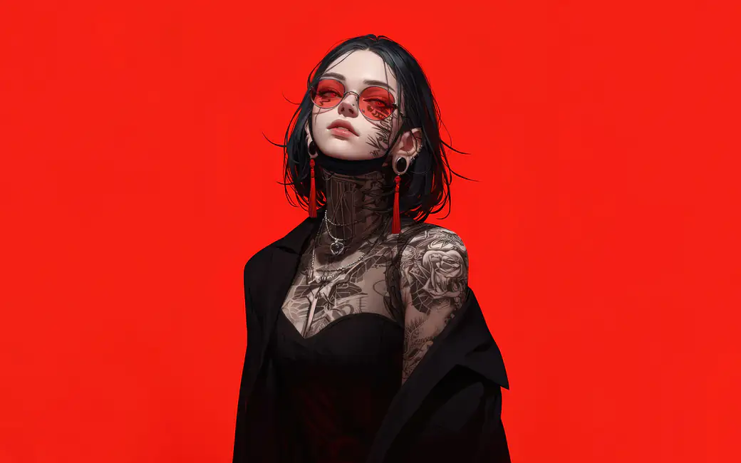 Girl in red glasses with tattoo — desktop and phone wallpaper, free download