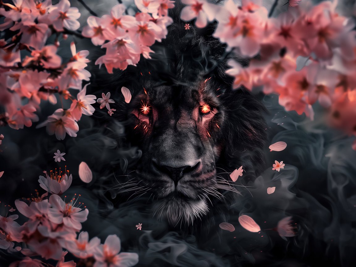 Black Lion surrounded by Cherry Blossom - XGA+ wallpapers in 1152x864 resolution
