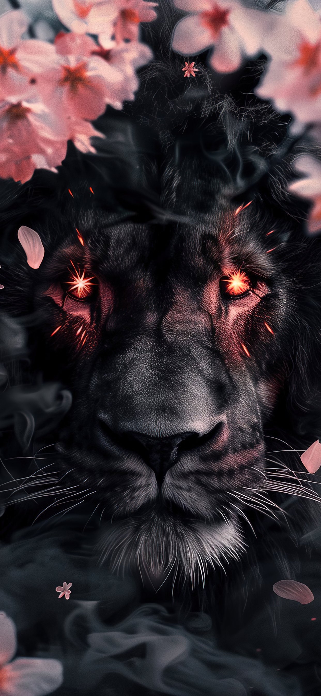 Black Lion surrounded by Cherry Blossom - Wallpapers for iPhone 11 Pro Max in 1242x2688 resolution