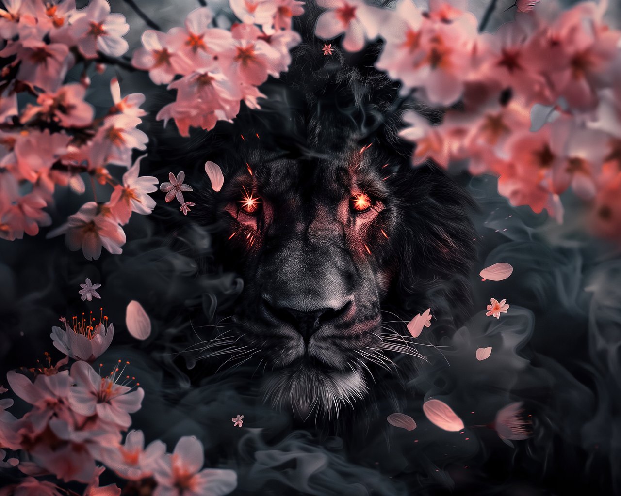 Black Lion surrounded by Cherry Blossom - SXGA wallpapers in 1280x1024 resolution