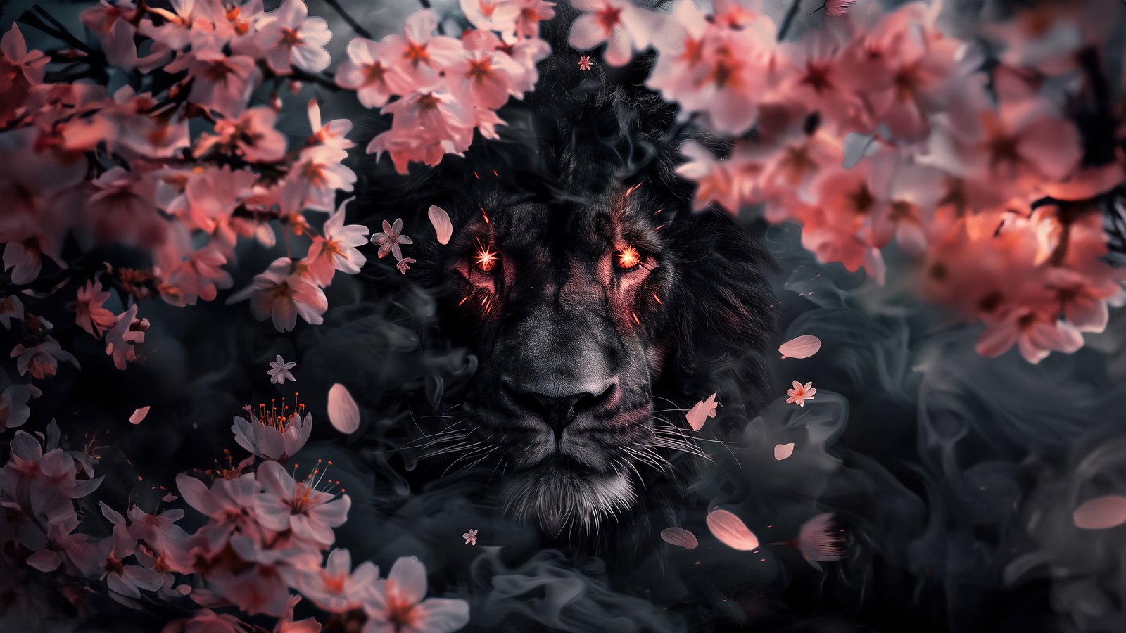 Black Lion surrounded by Cherry Blossom - wXGA++ wallpapers in 1600x900 resolution