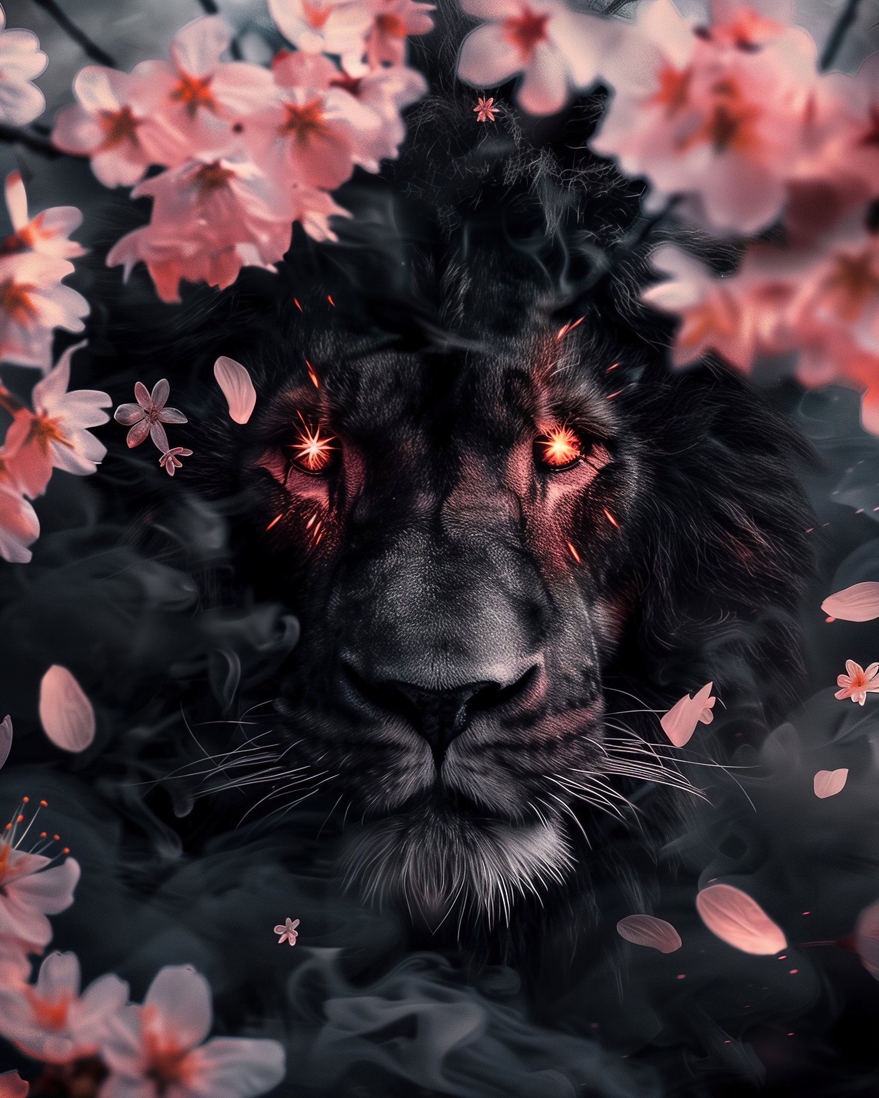 Black Lion surrounded by Cherry Blossom - Wallpapers for Samsung Galaxy Z Fold 2/3 in 1768x2208 resolution