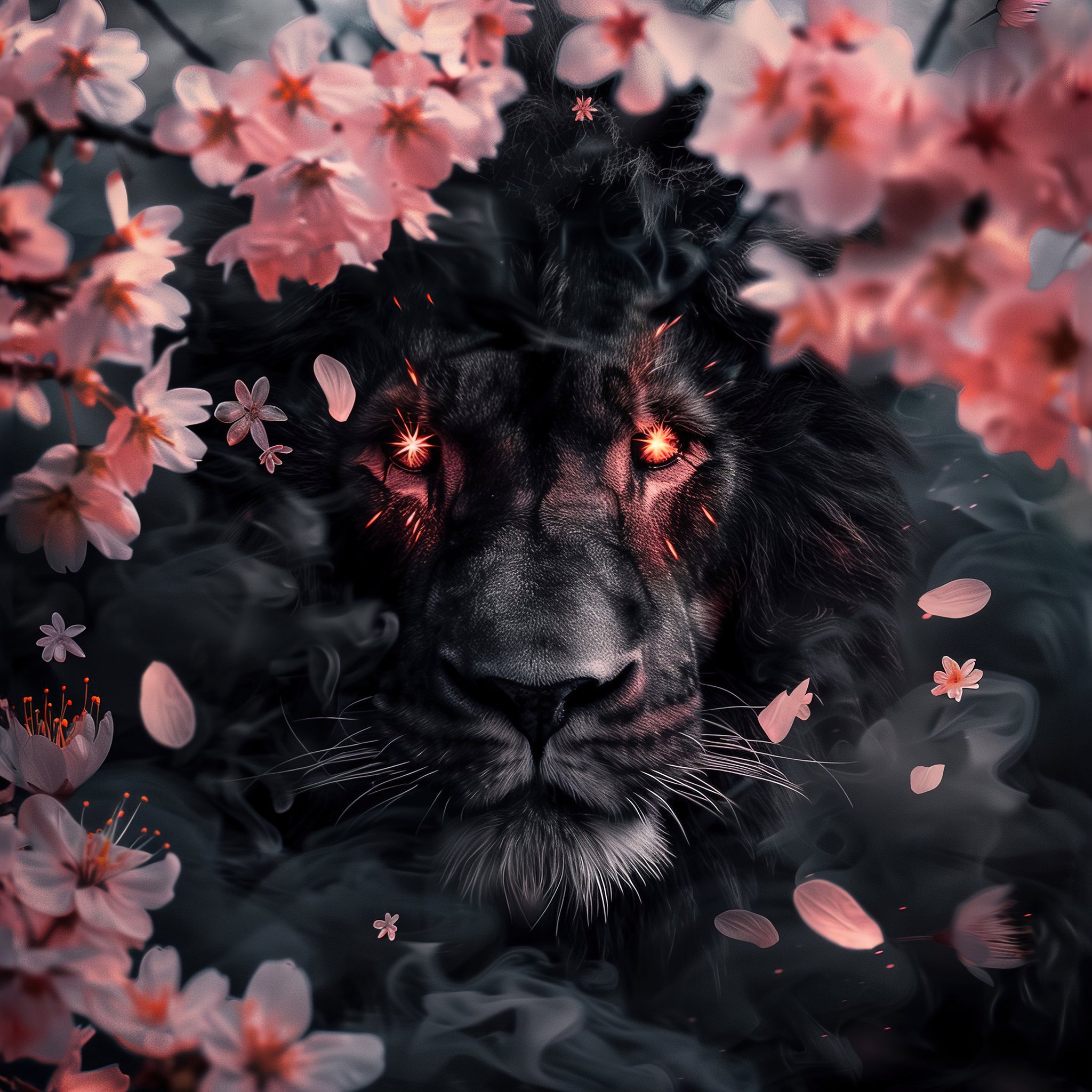 Black Lion surrounded by Cherry Blossom - Wallpapers for iPad Retina in 2048x2048 resolution