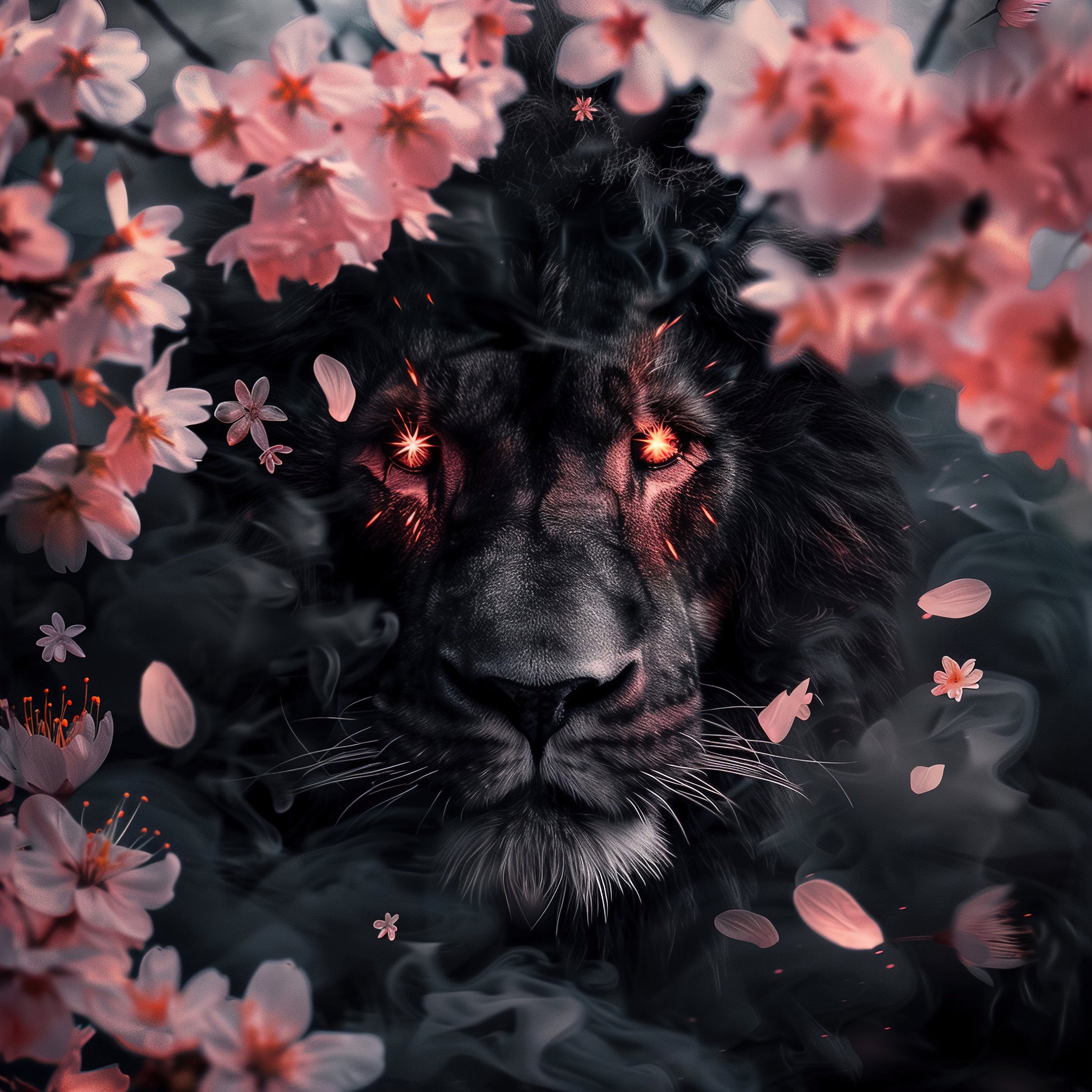 Black Lion surrounded by Cherry Blossom - Wallpapers for iPad Pro 12.9″ in 2732x2732 resolution