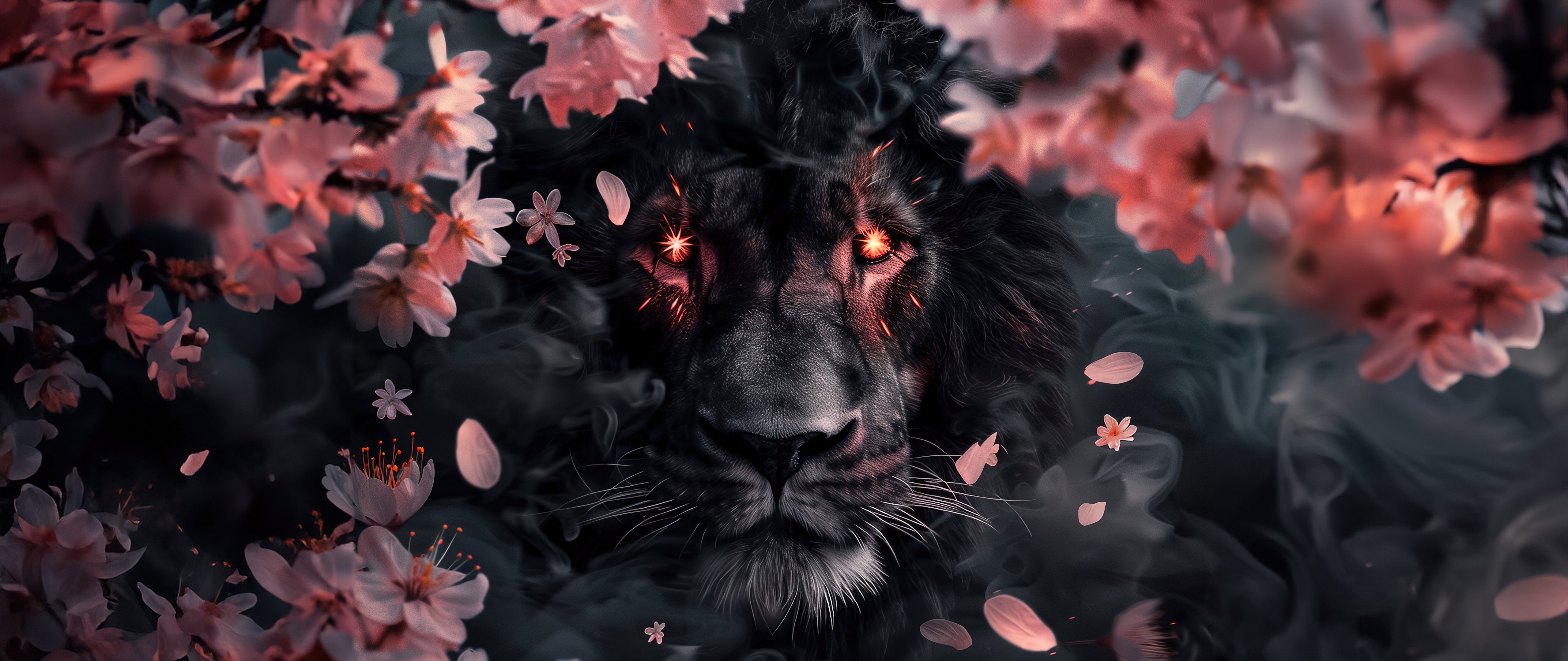 Black Lion surrounded by Cherry Blossom - 5K2K UltraWide 21:9 wallpapers in 5120x2160 resolution
