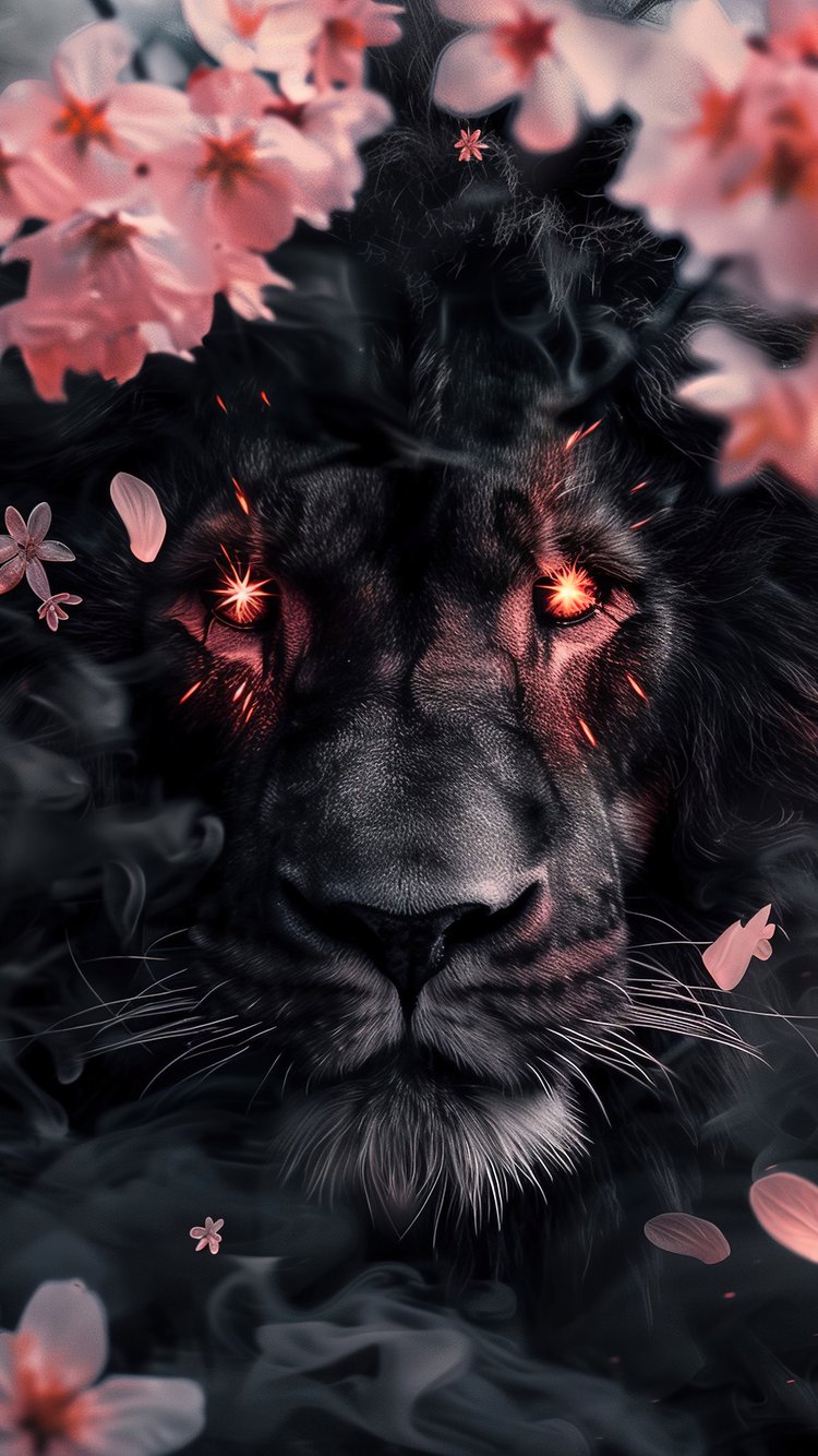 Black Lion surrounded by Cherry Blossom - Wallpapers for iPhone 6/6S/7/8/SE2/SE3 in 750x1334 resolution