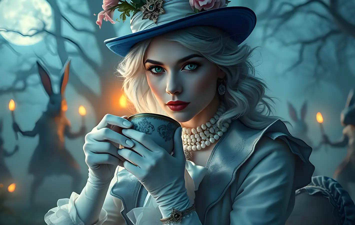 Alice drinking tea in Wonderland — desktop and phone wallpaper, free download
