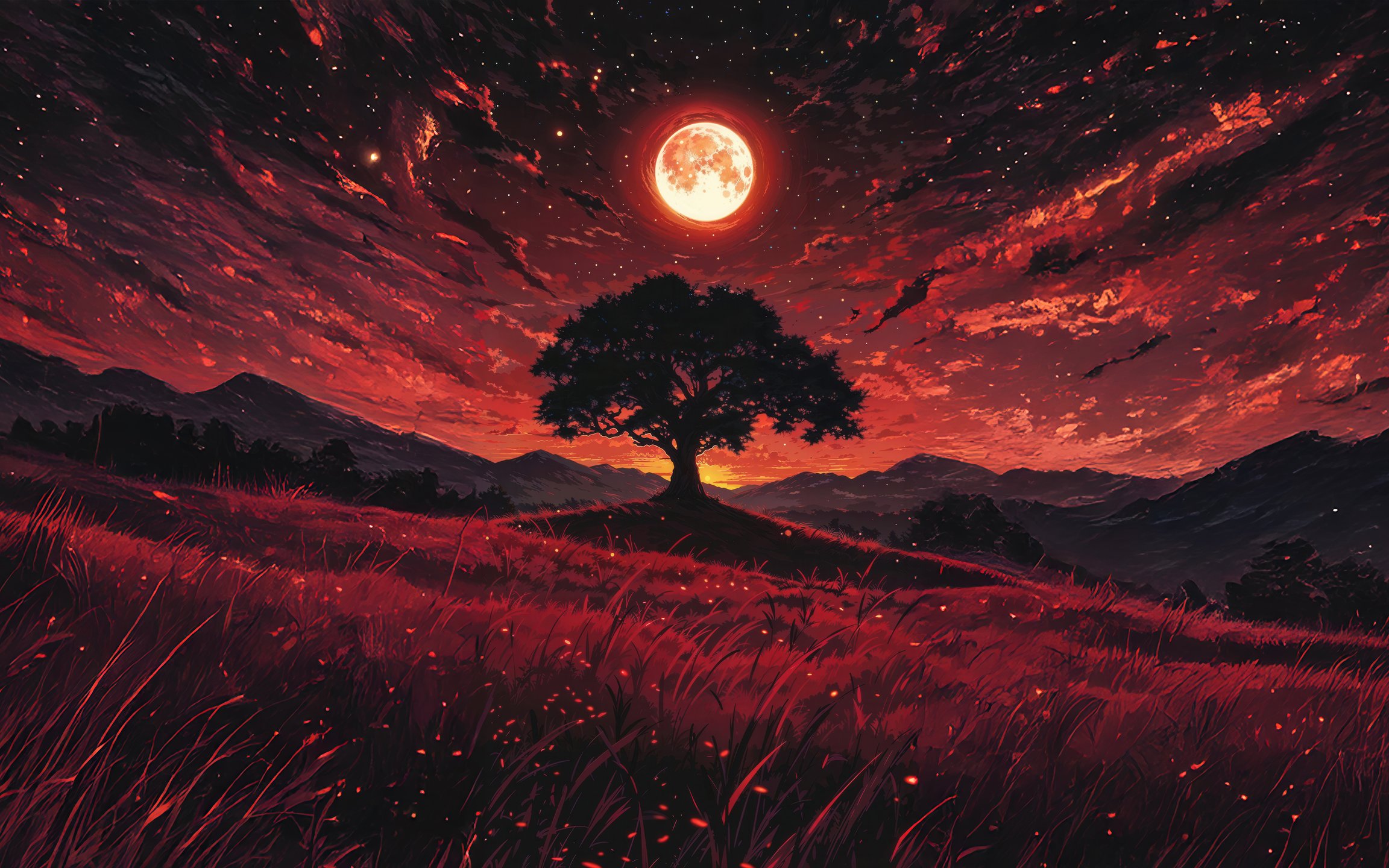 Lonely tree under glowing full moon - Wallpapers for Apple MacBook 12″ in 2304x1440 resolution