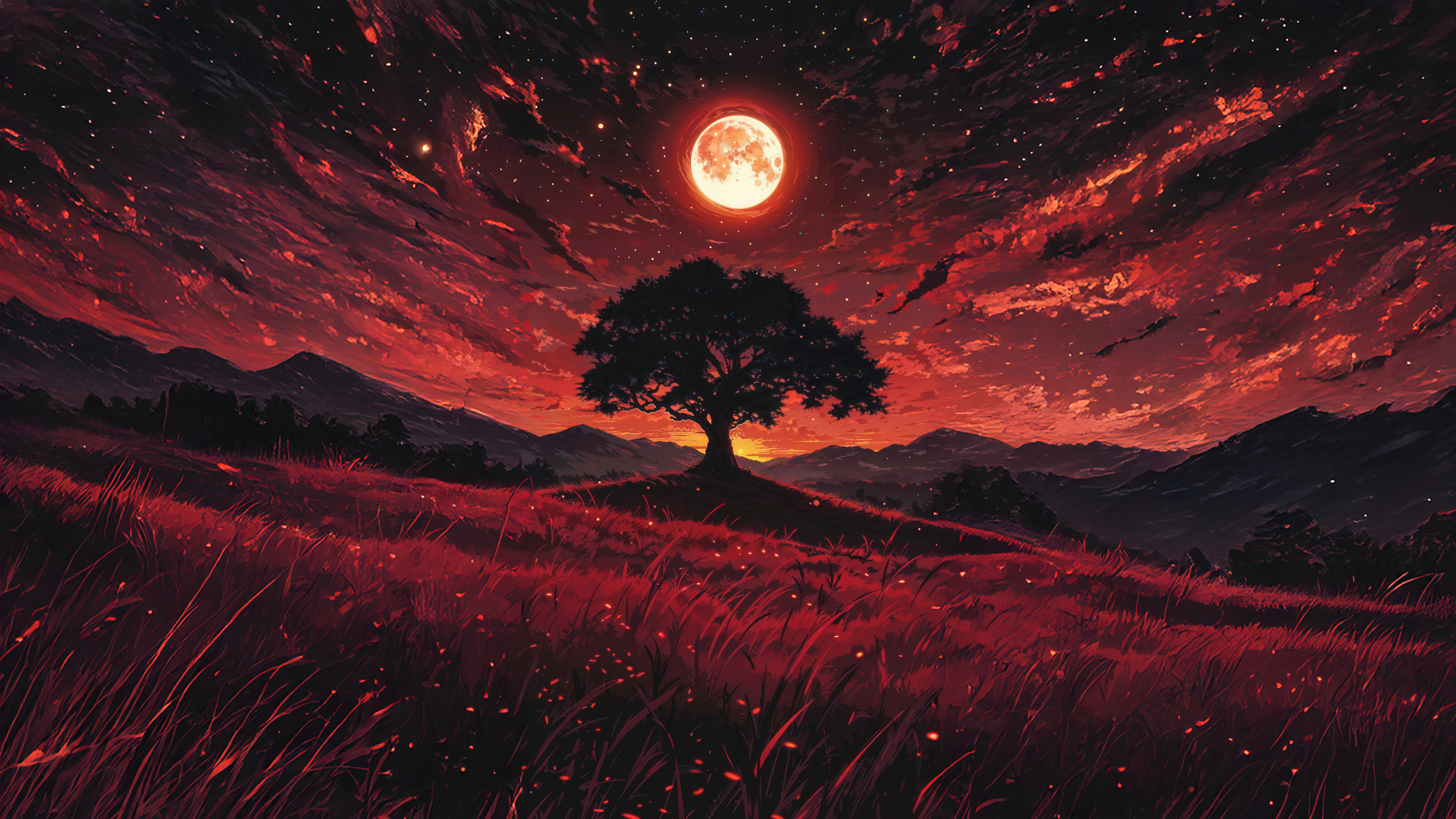 Lonely tree under glowing full moon - 5K wallpapers in 5120x2880 resolution