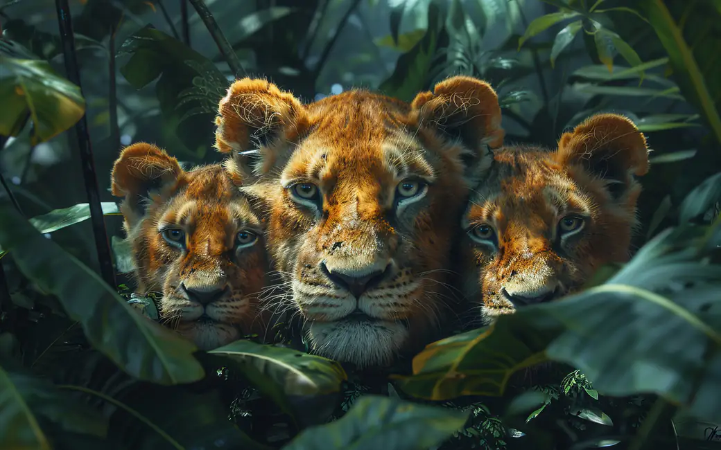 Lion cubs in the green jungle — desktop and phone wallpaper, free download