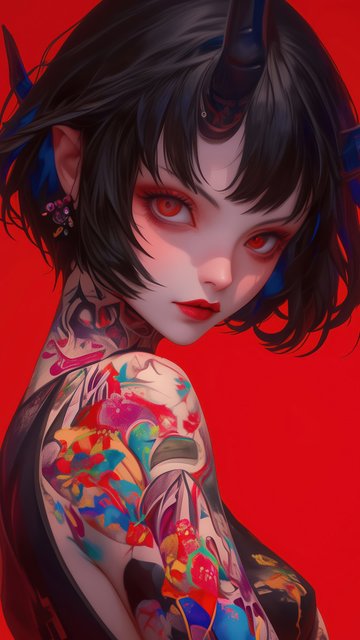 Demon girl with colored tattoos - Wallpapers for Nokia, Samsung in 360x640 resolution