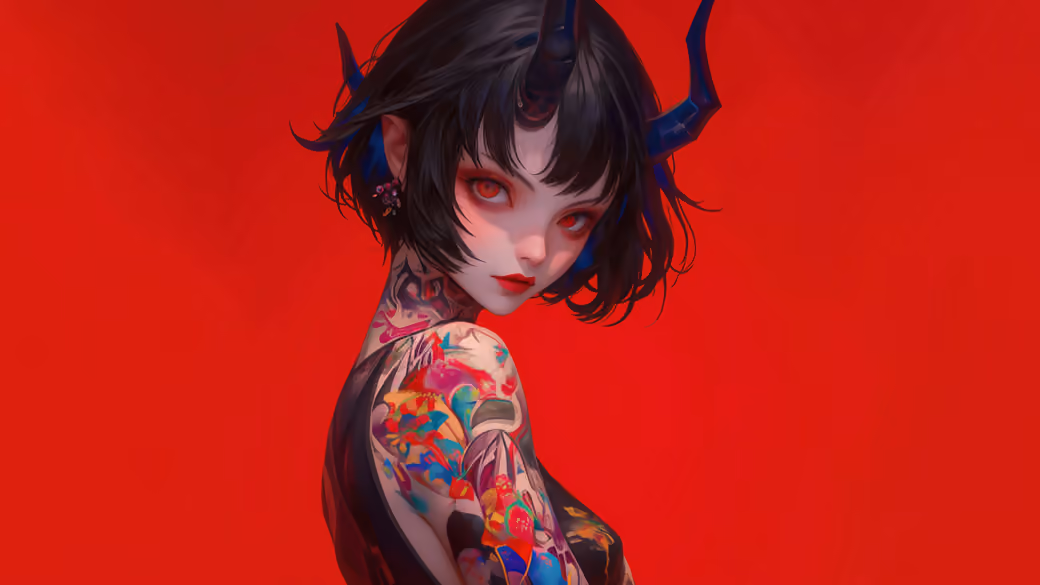 Demon girl with colored tattoos — desktop and phone wallpaper, free download