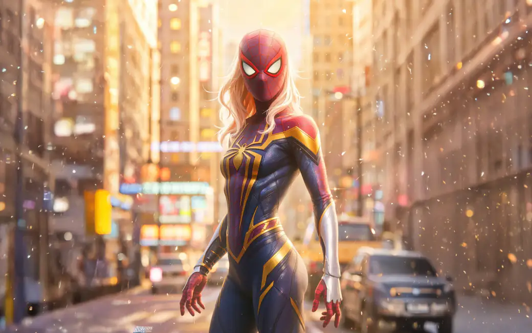Spidergirl with a blue suit — desktop and phone wallpaper, free download