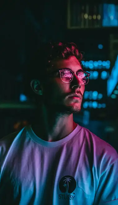 People wallpapers: man, glasses, neon, reflection