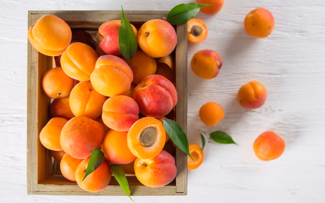 Fresh apricots in crate — desktop and phone wallpaper, free download
