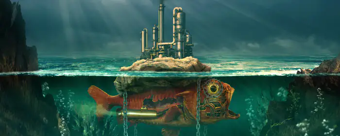 UltraWide 32:9 bubbles wallpapers (5120x1440): steampunk, factory, fish, island