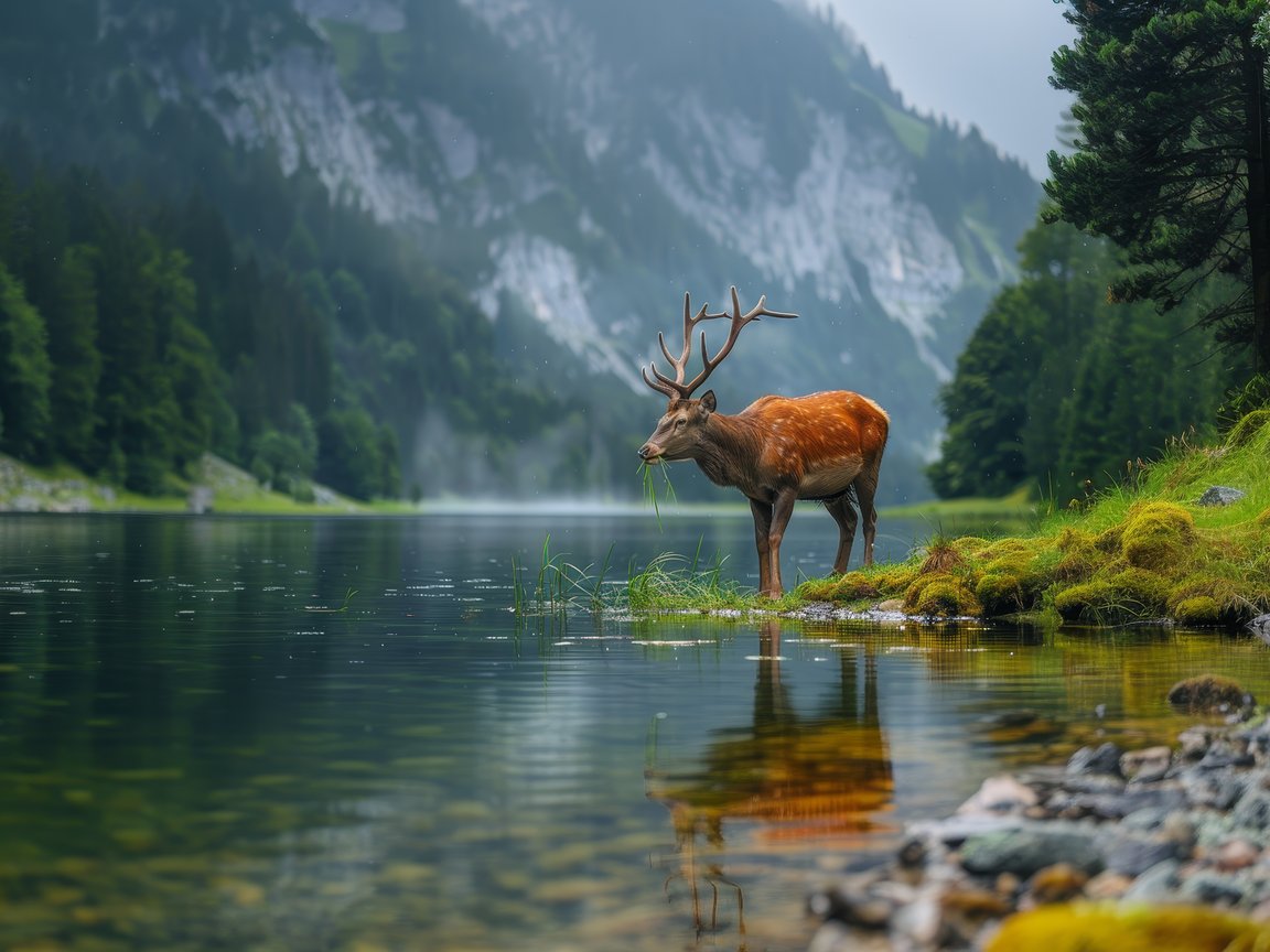 Red deer drinking at mountain lake - XGA+ wallpapers in 1152x864 resolution
