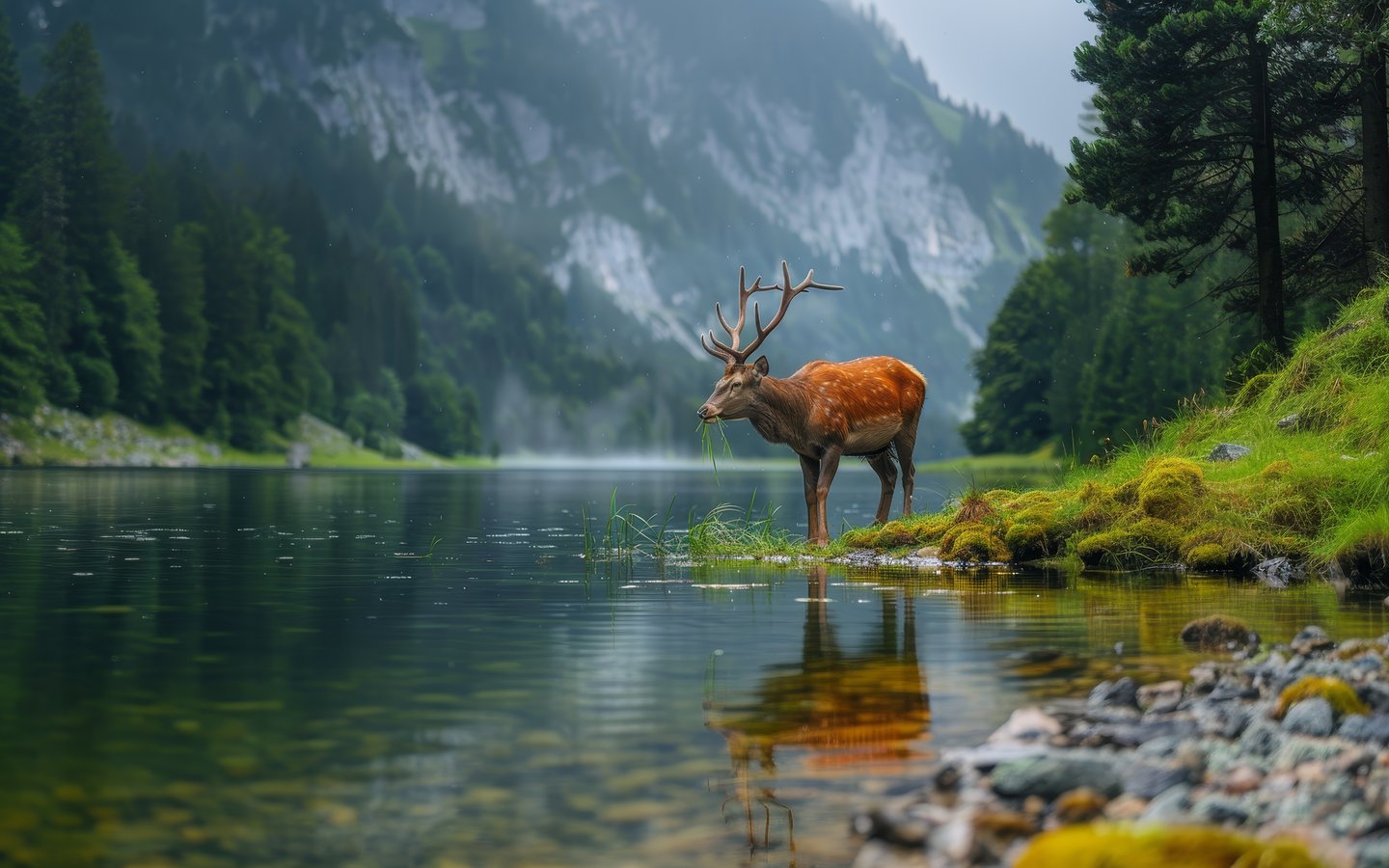 Red deer drinking at mountain lake - WSXGA wallpapers in 1440x900 resolution