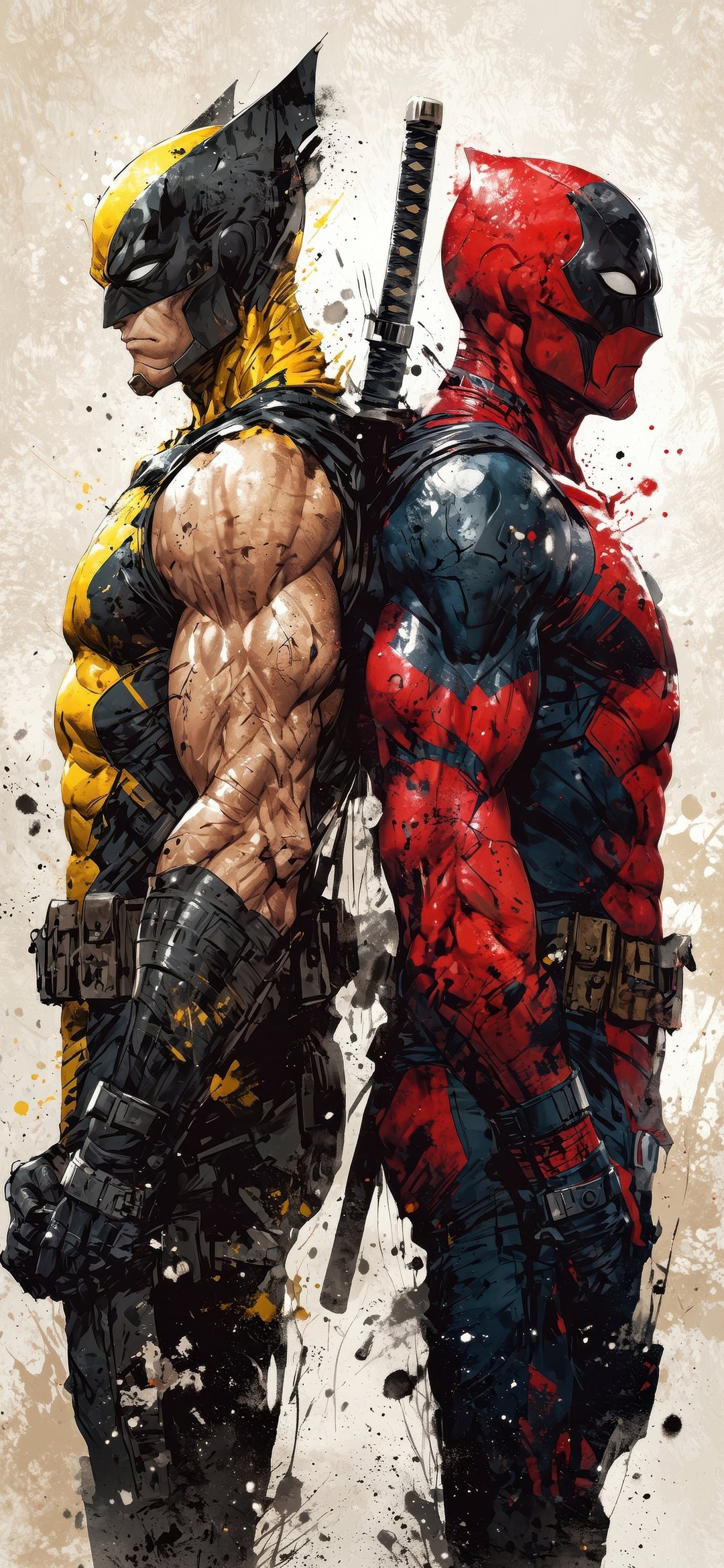 Deadpool and Wolverine - Wallpapers for iPhone 12 mini/13 mini, Samsung Galaxy S24/S24 FE/S25/S25 FE/S26/A55/A56/A35/A26/A16/M15, Xiaomi, Sony Xperia in 1080x2340 resolution