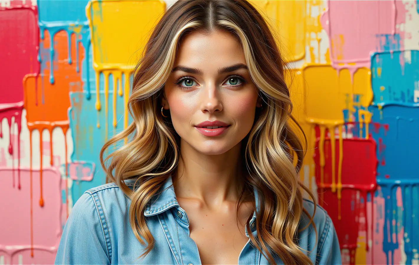 Young woman posing by colorful paint — desktop and phone wallpaper, free download