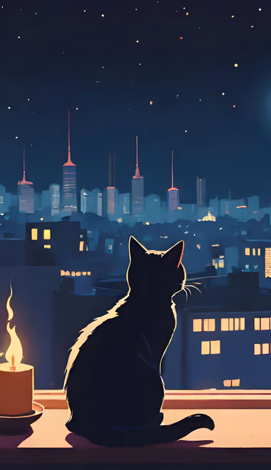 City wallpapers: cat, window, moon, skyline