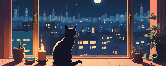 Обои для двух мониторов (7680x2160): кошка, окно, луна, силуэт города