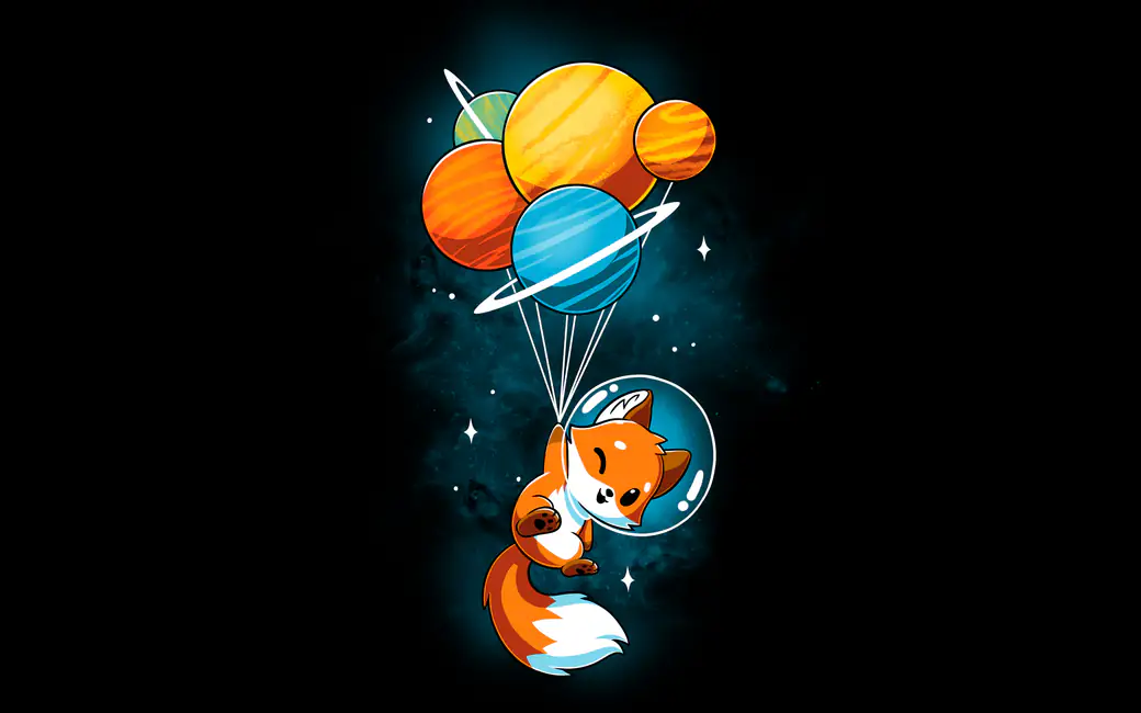 Cute fox floating with planet balloons — desktop and phone wallpaper, free download