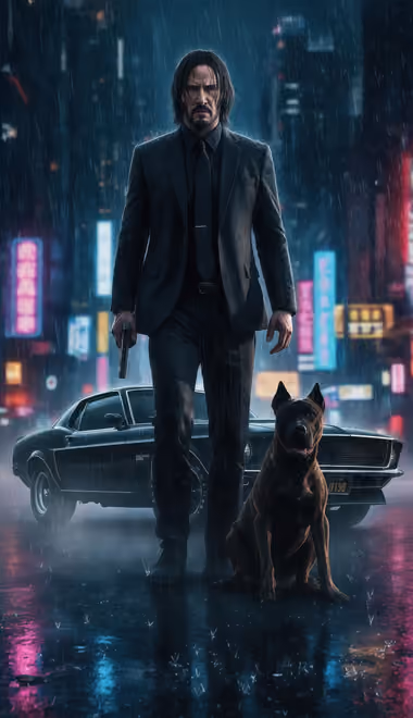 John Wick Wallpapers for iPhone 12 mini/13 mini, Samsung Galaxy S24/S24 FE/S25/S25 FE/S26/A55/A56/A35/A26/A16/M15, Xiaomi, Sony Xperia (1080x2340): John Wick, Keanu Reeves, dog, muscle car