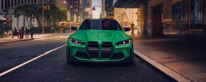 UltraWide 32:9 обои (3840x1080): BMW M4, спорткар, асфальт, седан