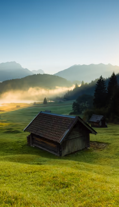 Nature wallpapers: meadow, sunrise, cabin, mountains