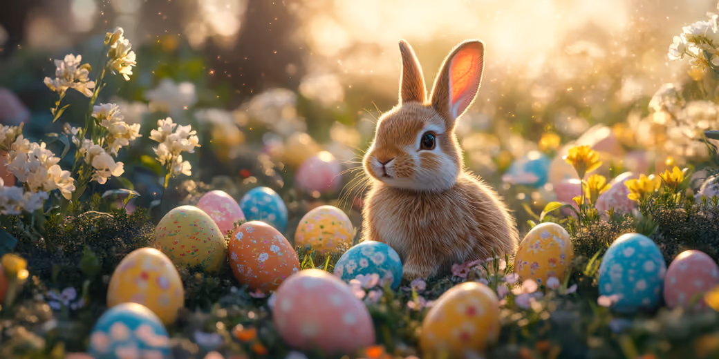 Easter bunny amid colorful eggs — desktop and phone wallpaper, free download