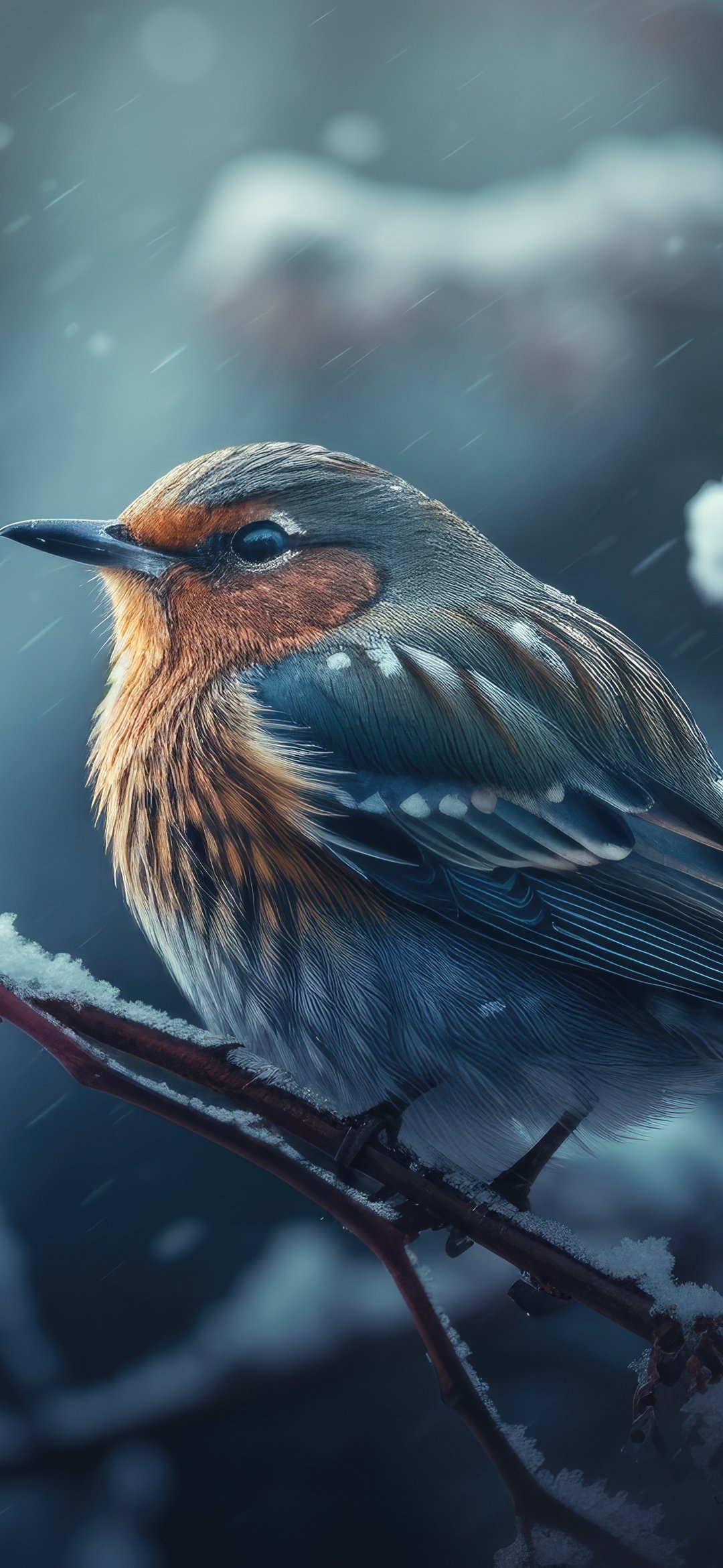 European Robin Perched on Snowy Branch - Wallpapers for iPhone 12 mini/13 mini, Samsung Galaxy S24/S24 FE/S25/S25 FE/S26/A55/A56/A35/A26/A16/M15, Xiaomi, Sony Xperia in 1080x2340 resolution