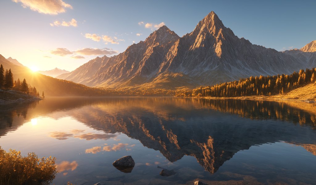 Sunny morning on a mountain lake - WSVGA wallpapers in 1024x600 resolution