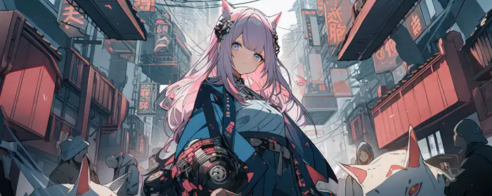 UltraWide 32:9 crowd wallpapers (3840x1080): girl, pink hair, street, cyberpunk