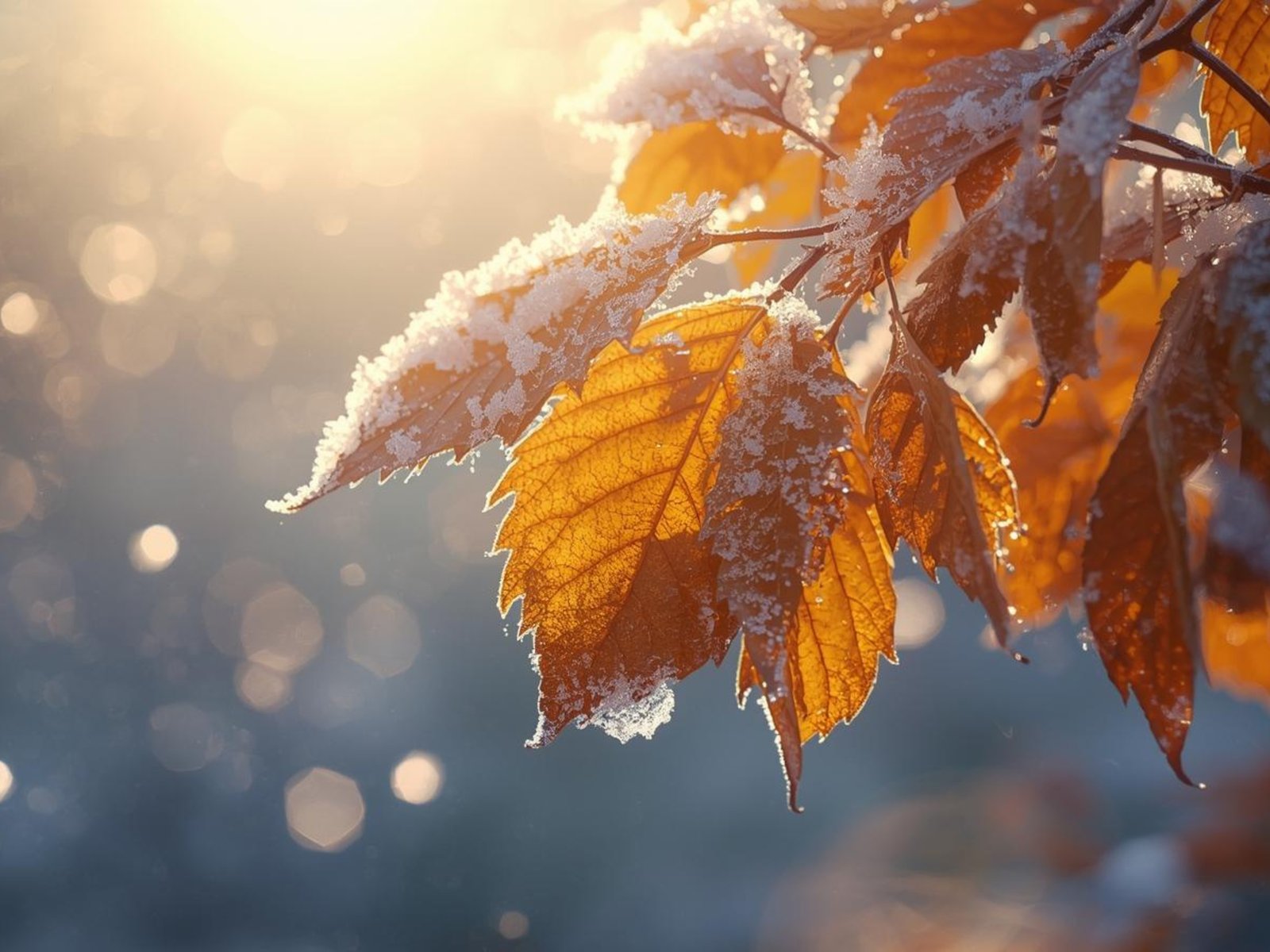 First snow on autumn leaves branch - UXGA wallpapers in 1600x1200 resolution