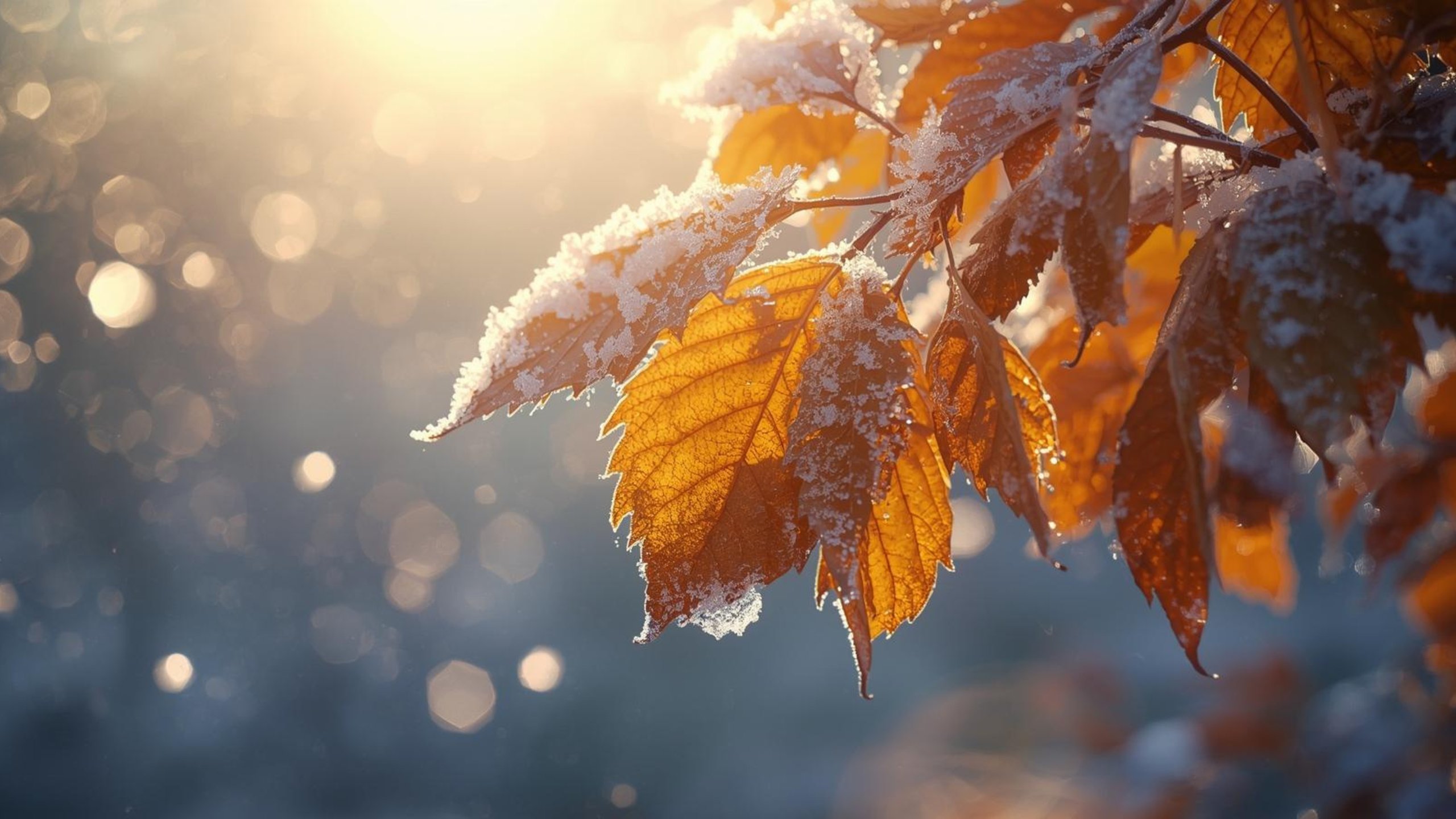First snow on autumn leaves branch - 2K Quad HD wallpapers in 2560x1440 resolution